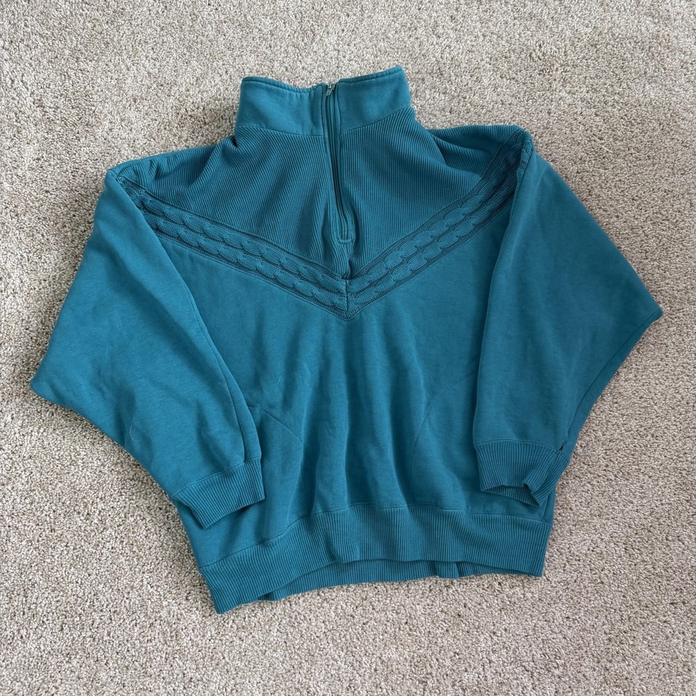 Vintage LAVON Sweatshirt Womens Large Blue Fleece 1/4 Zip Mock Neck Ribbed Hem